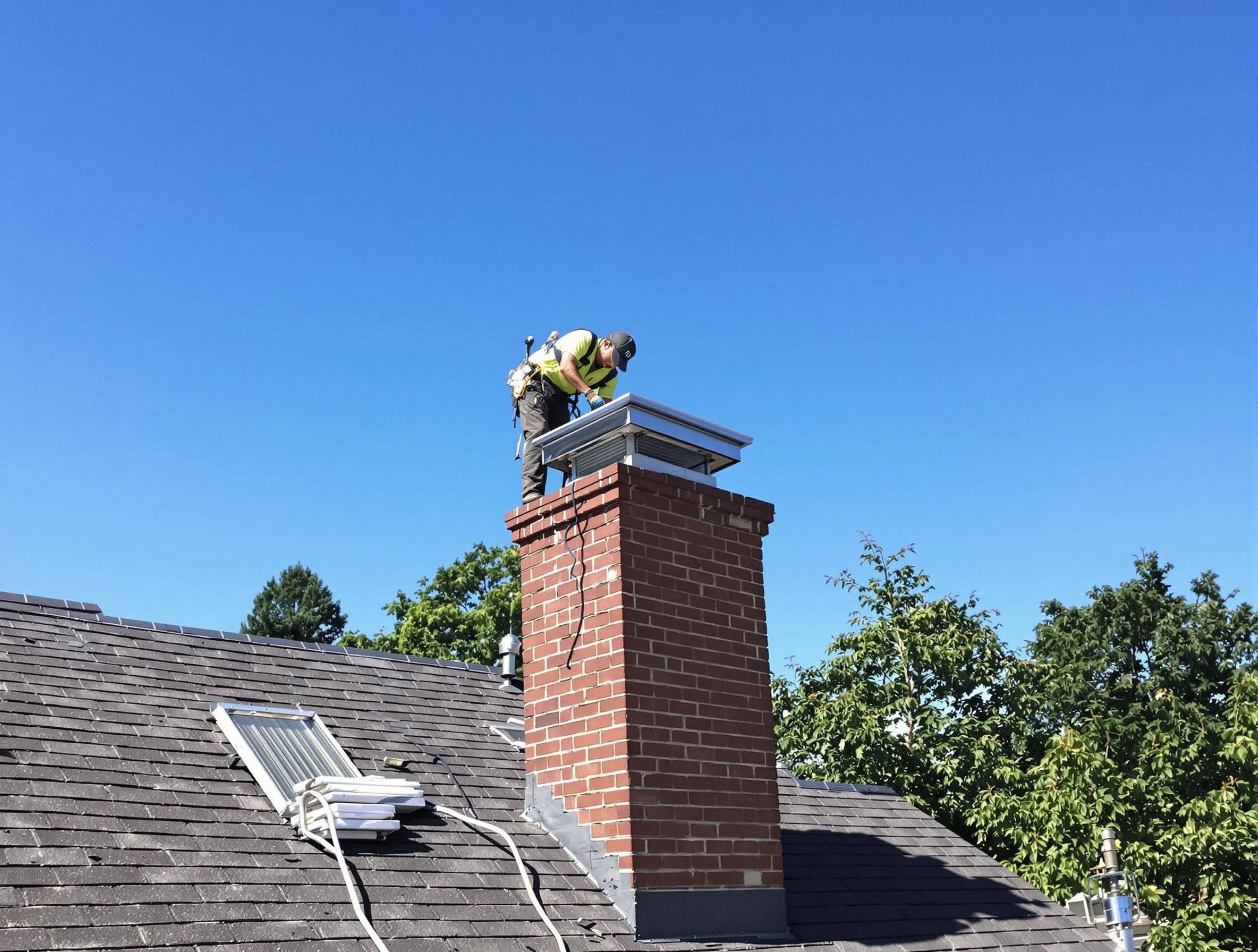 Scottdale Chimney Sweep technician measuring a chimney cap in Scottdale, GA